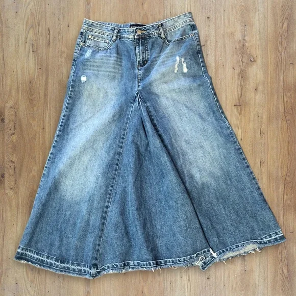 Revolt 15 Long Maxi Blue Jean Skirt Distressed Reconstructed Rave Punk Rock - Picture 1 of 13